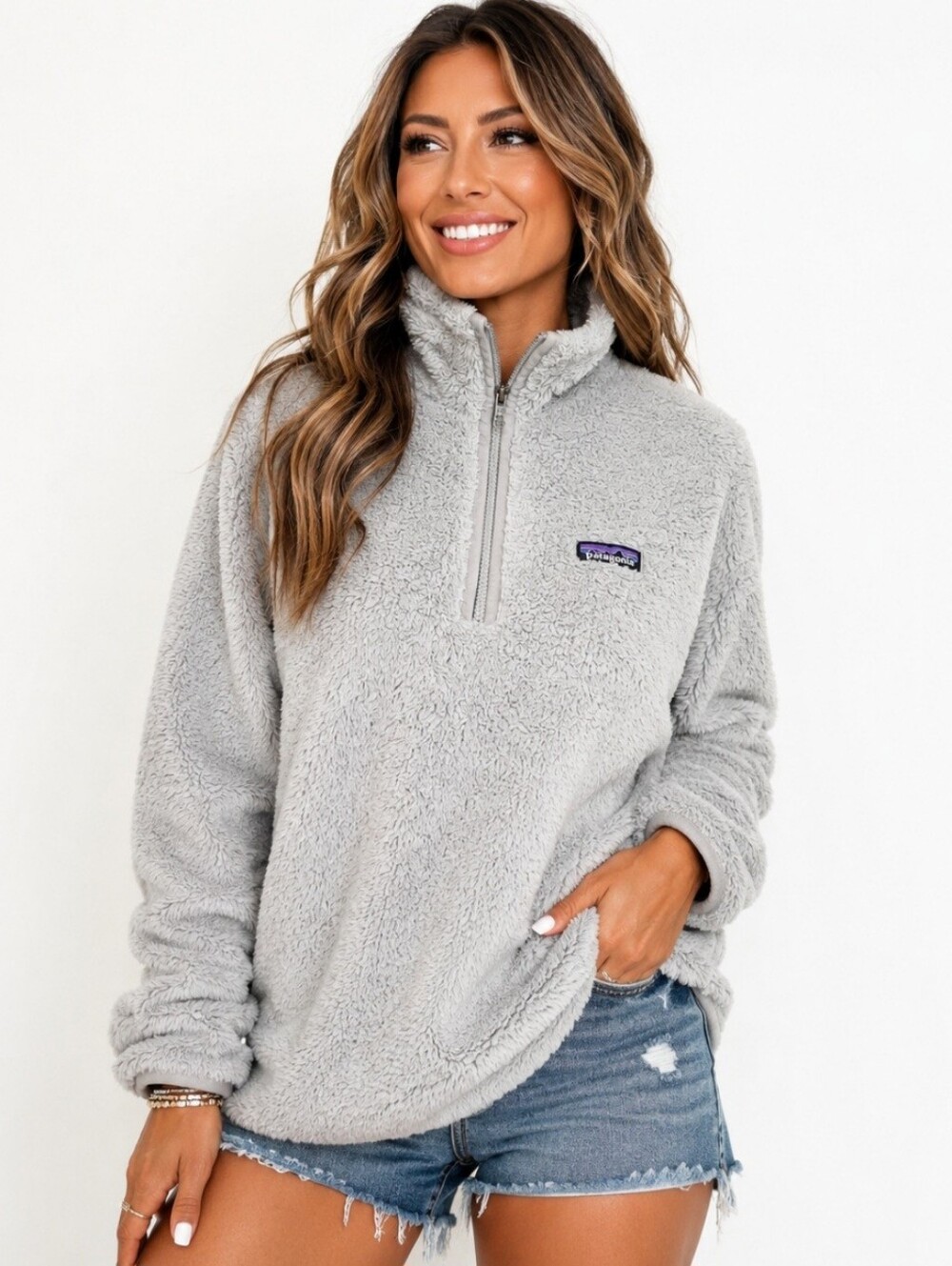 Patagonia Los Gatos 1/4 Zip Fleece Pullover Gray Medium Sherpa Cozy Women's